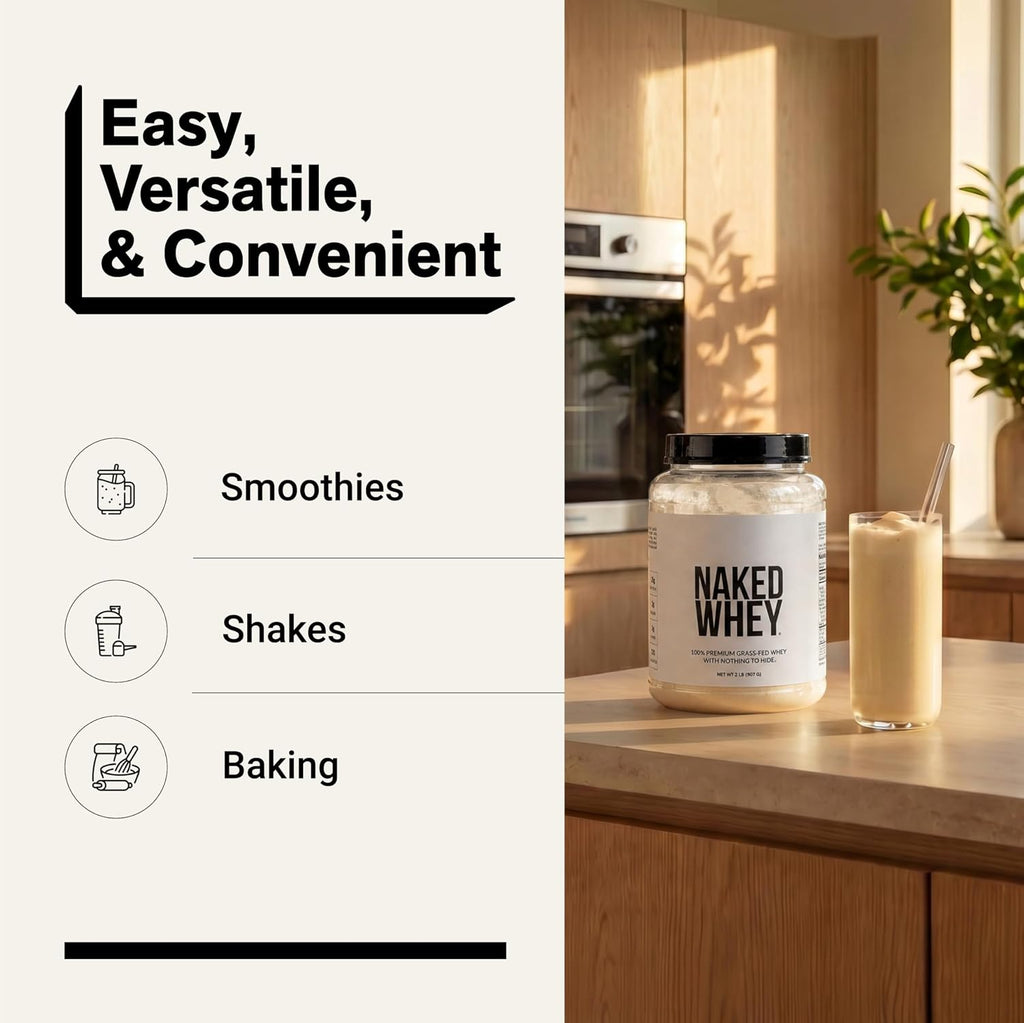 NAKED Whey 2LB 100% Grass Fed Whey Protein Powder - Only 1 Ingredient, Unflavored Whey Protein, NSF Certified, Undenatured, Gluten Free, Soy Free, No Gmos, No Preservatives
